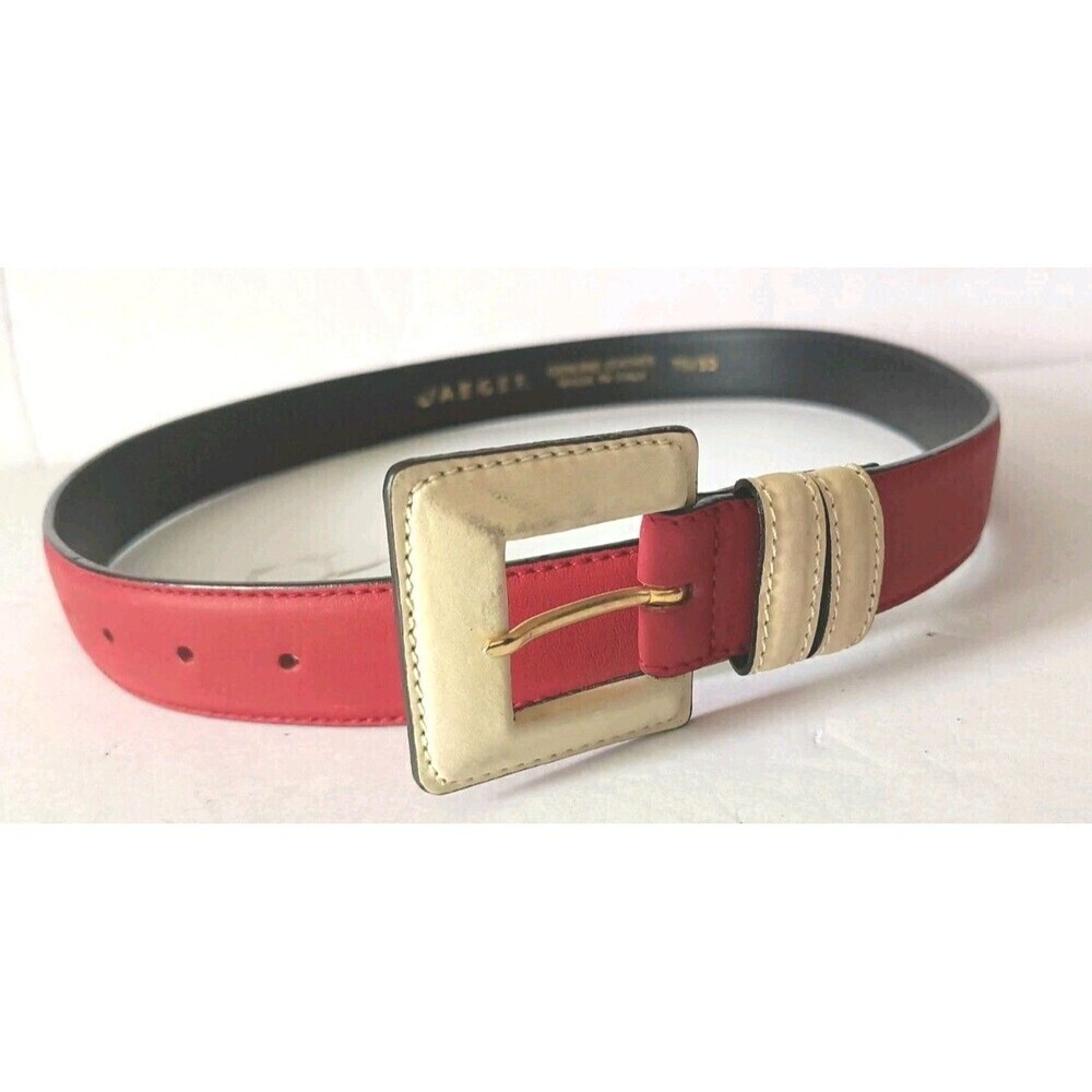 Womens Jaeger Leather Belt Small 30" Red Beige Colorblock Vintage 90s Old Money